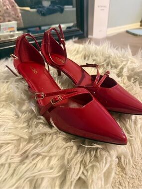 Aldo Red Patent Pointed Toe Double-Strap Slingback Heels